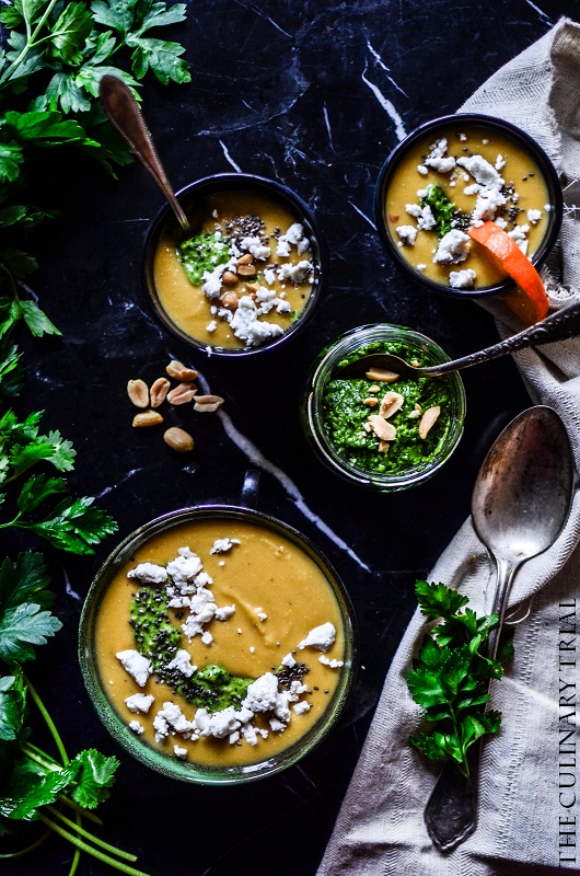 Süßkartoffel-Linsen-Suppe mit Koriander-Erdnuss-Pesto und Ziegenkäse ...